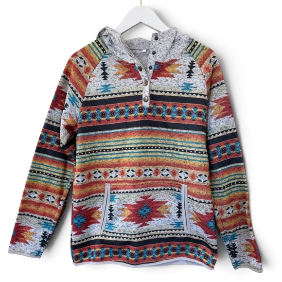 Tops - Southwestern Hoodie Womens Large Multi Color Aztec Western Fleece Boho EUC
